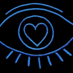 Niebieski haft przedstawiający oko z sercem w źrenicy, na czarnym tle.