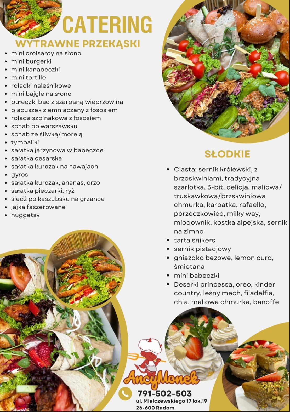 Menu cateringowe z ofertą wytrawnych przekąsek i słodkich deserów, prezentujące mini croissanty, burgery, sałatki, ciasta, tarty i babeczki, z logo firmy i danymi kontaktowymi.