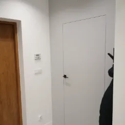 Minimalistyczny przedpokój z ukrytymi drzwiami w kolorze białym, czarny uchwyt, drewniane drzwi po lewej stronie, szara posadzka i czarna lampa sufitowa.