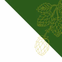 Grafika przedstawia stylizowaną gałązkę chmielu w kolorze złotym na tle podzielonym na białą i zieloną część.