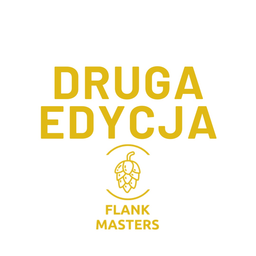 Żółte logo Flank Masters z napisem 'Druga Edycja' i symbolem chmielu w okręgu na białym tle.