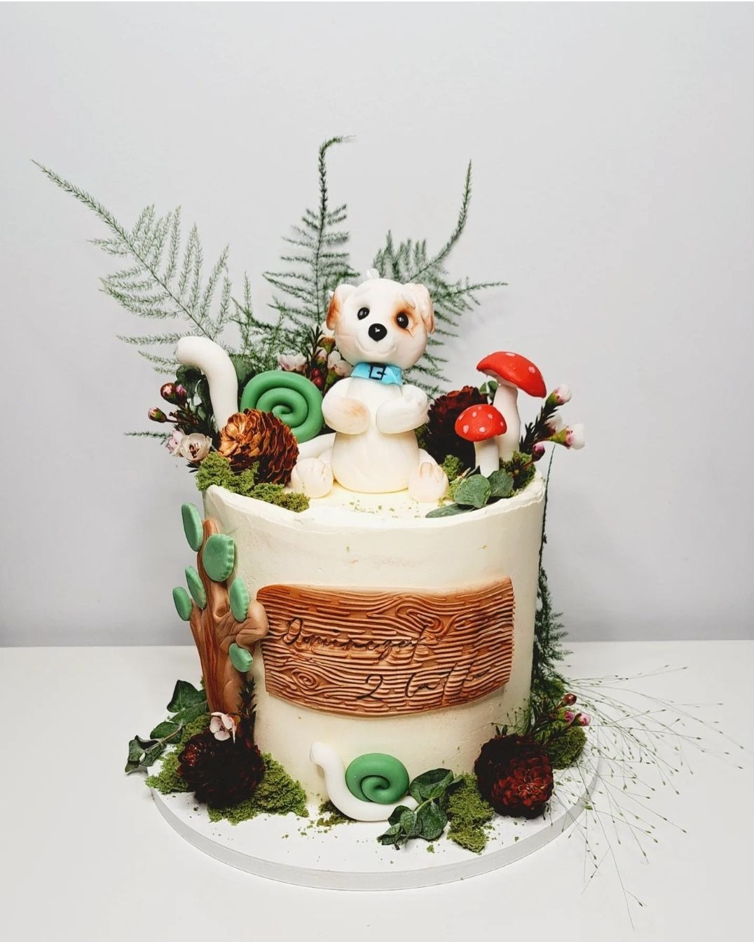 Tort urodzinowy z motywem leśnym: biały krem, figurka pieska z niebieską obrożą, muchomory, ślimaki, konary drzew i tabliczka z napisem 'Dla Dawidka 2 lat'.