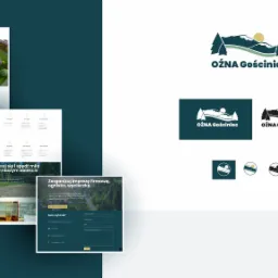 Prezentacja wizualna strony internetowej i logo OŻNA Gościniec, z widokiem na budynek gościńca, otoczenie i detale oferty, z różnymi wariantami kolorystycznymi logo i znakiem wodnym 'Go graphic'.