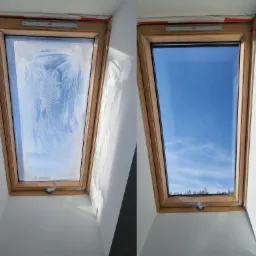 Okno dachowe przed i po umyciu, widoczne smugi po czyszczeniu na lewej połowie i czyste szkło z widokiem na błękitne niebo na prawej połowie.