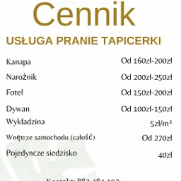 Cennik usług prania tapicerki z cenami za kanapę, narożnik, fotel, dywan, wykładzinę, wnętrze samochodu i pojedyncze siedzisko, ozdobiony akwarelowymi liśćmi i numerem telefonu kontaktowego.