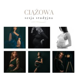 Katarzyna Cyrulska - Kolaż sześciu portretów ciążowych w studio, różne stylizacje i oświetlenie, od monochromatycznych po kolorowe, z widocznym napisem 'CIĄŻOWA sesja studyjna' u góry.