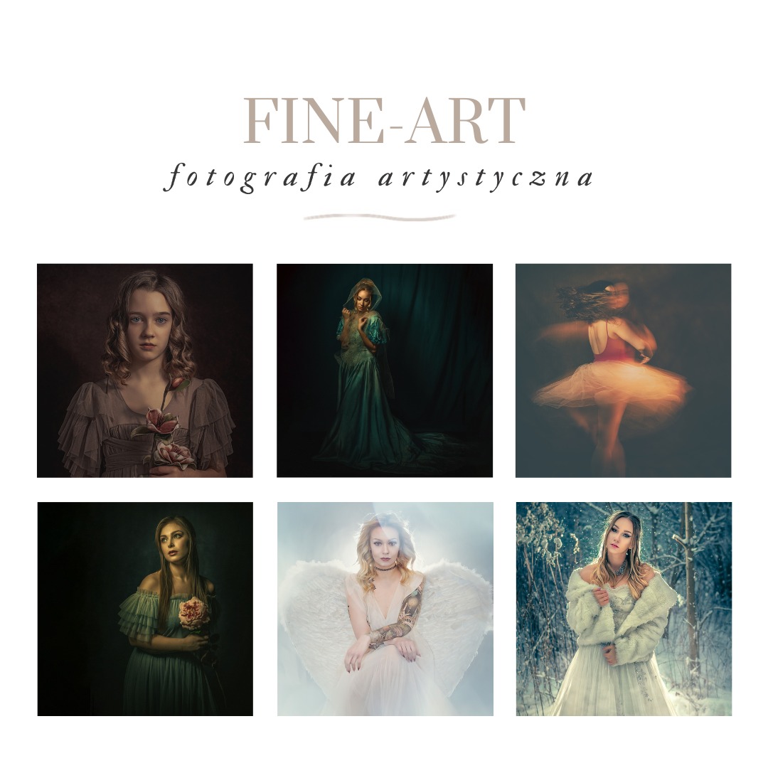 Kolaż sześciu portretów artystycznych kobiet w różnorodnych stylizacjach i sceneriach, od klasycznych sukien po anielskie skrzydła i zimowy krajobraz, utrzymanych w konwencji Fine-Art.
