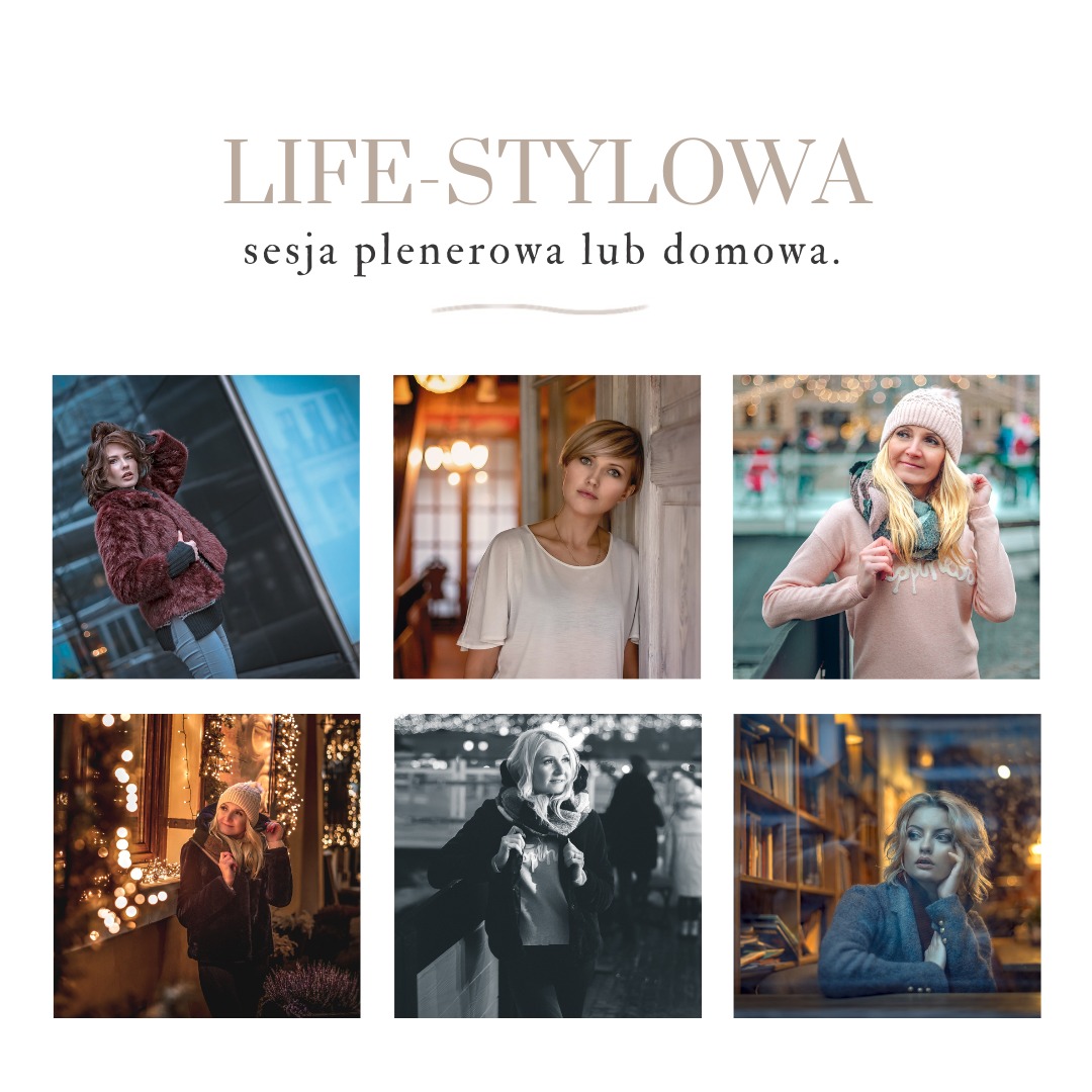 Kompozycja sześciu zdjęć portretowych kobiet w różnych stylizacjach i sceneriach, sugerująca sesję plenerową lub domową.