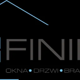 Logo firmy FINIRE z niebieskim obrysem domu i oknem, oferującej okna, drzwi, bramy i rolety.