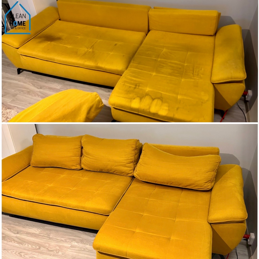 Żółta sofa narożna z weluru, widok przed i po czyszczeniu, ukazujący wyraźną różnicę w usunięciu plam i zabrudzeń na siedzisku i poduszkach.
