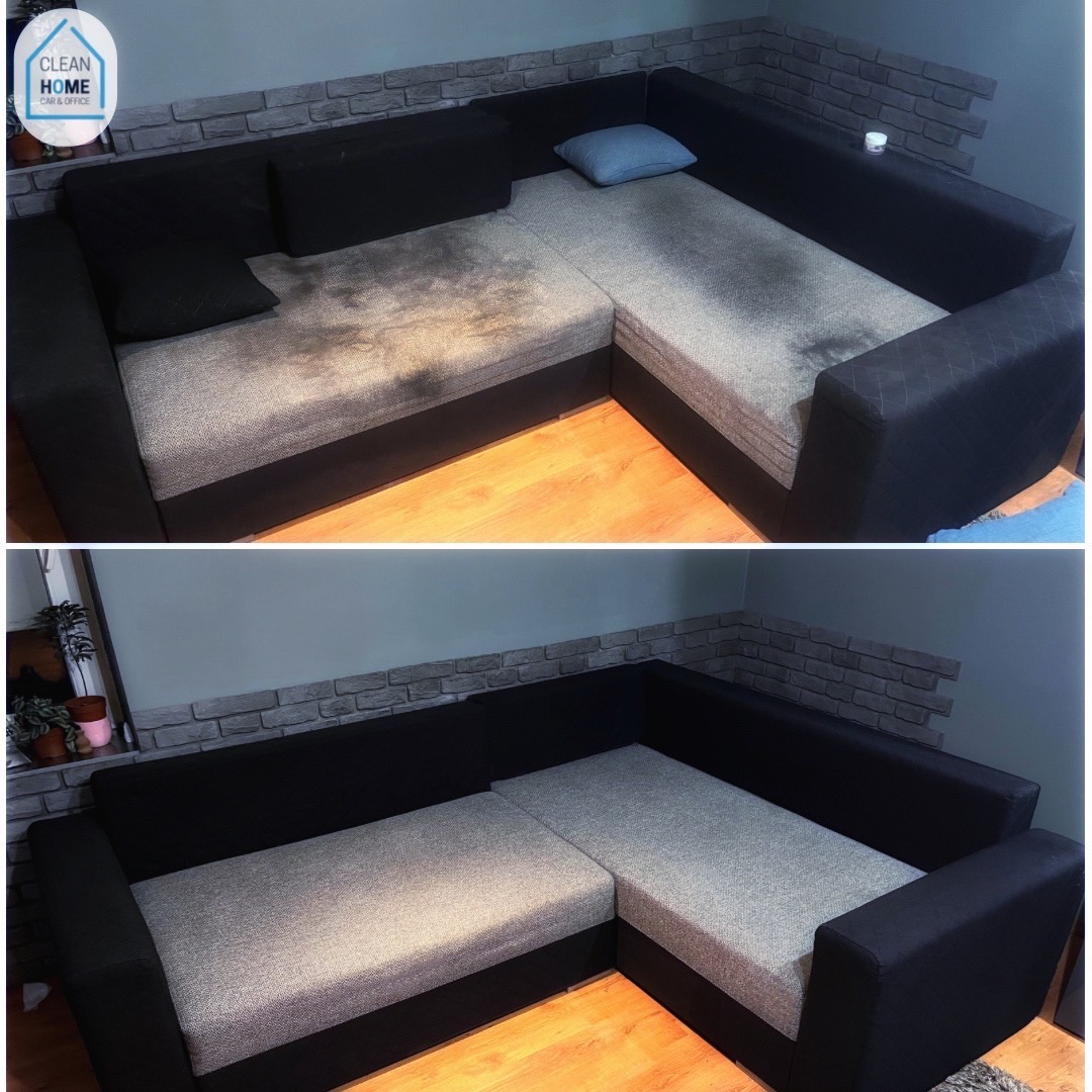 Porównanie narożnika tapicerowanego przed i po czyszczeniu, widoczne wyraźne różnice w czystości tapicerki siedziska, na górnym ujęciu widoczne plamy, na dolnym narożnik po usunięciu zabrudzeń.