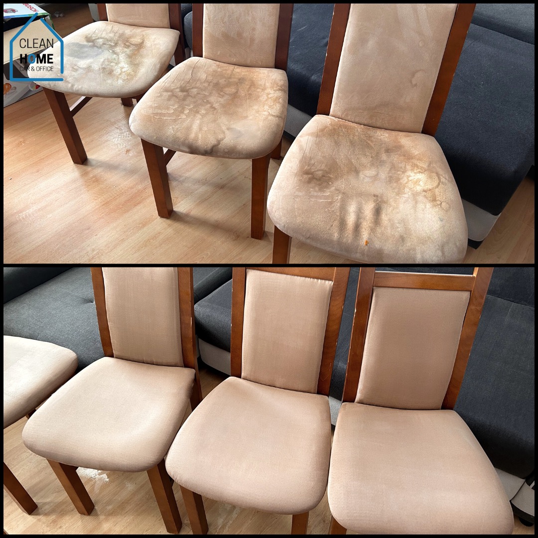 Krzesła tapicerowane z drewnianymi nogami, widok przed i po czyszczeniu, ukazujący różnicę w wyglądzie tapicerki.