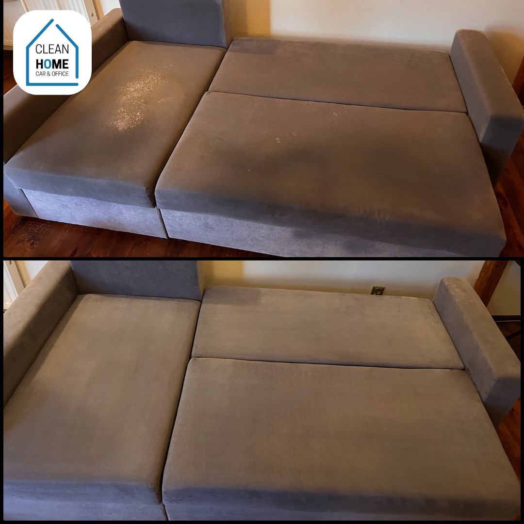 Dwuetapowe ujęcie rozłożystej, szarej sofy modułowej: u góry widoczne plamy i zabrudzenia na jednym z modułów, dół prezentuje sofę po czyszczeniu, z jednolitą, odświeżoną powierzchnią.
