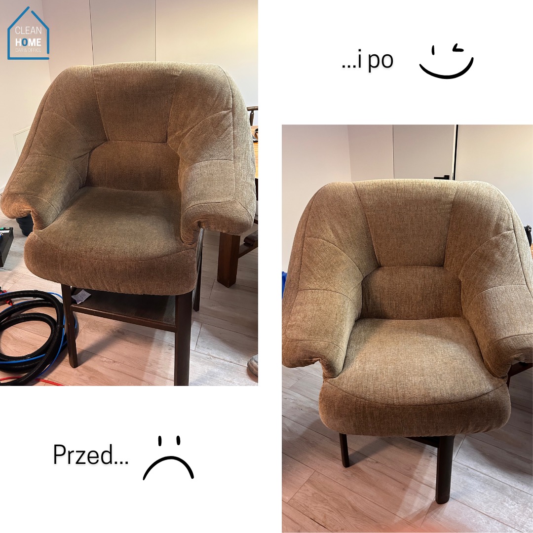 Fotografia przedstawia to samo brązowe krzesło tapicerowane przed i po czyszczeniu, z widoczną różnicą w jasności i czystości tkaniny, dodatkowo na zdjęciu widoczne napisy 'Przed...' z smutną minką...