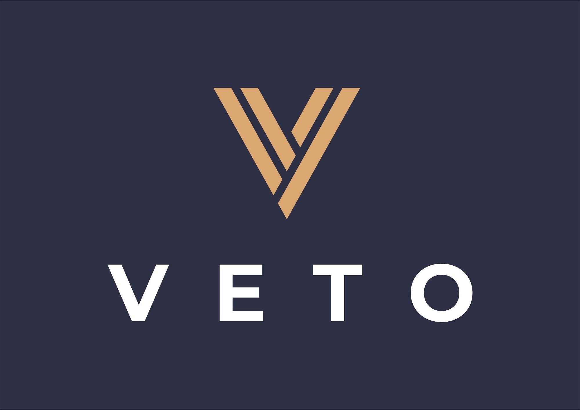 Logo firmy VETO z symbolem V utworzonym z trzech beżowych pasków na granatowym tle, poniżej biały napis VETO.