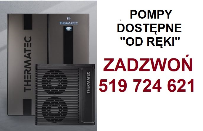Dwie jednostki marki Thermatec: wewnętrzna i zewnętrzna, z napisem 'Pompy dostępne od ręki' i numerem telefonu w kolorze bordowym.