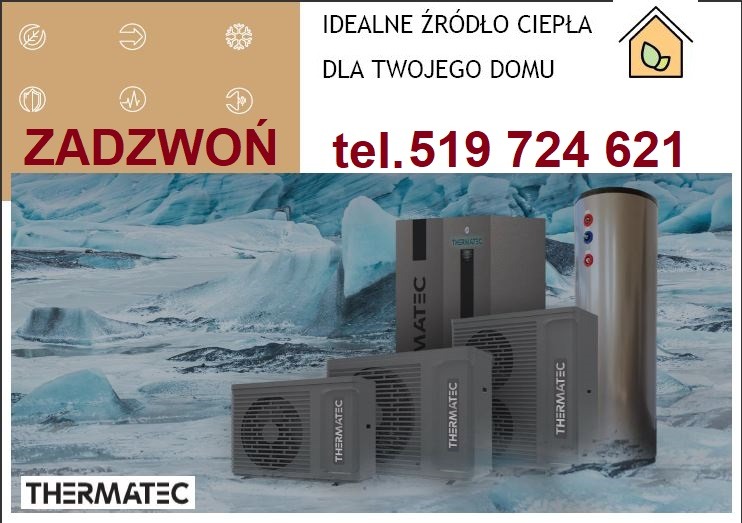 Grafika reklamowa prezentująca urządzenia grzewcze Thermatec na tle lodowca, z hasłem 'Idealne źródło ciepła dla Twojego domu' i numerem telefonu.