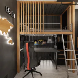 Pokój młodzieżowy z łóżkiem na antresoli, biurkiem pod spodem, podświetlaną mapą świata na ścianie i regałem w skosie.