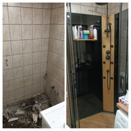 Złota rączka - chętnie przyjadę i pomogę - Remont łazienki: porównanie stanu przed i po montażu kabiny prysznicowej z panelem bambusowym i czarnymi elementami armatury, widoczne stare płytki i gruz oraz nowa drewniana podłoga i półka...