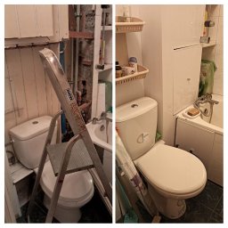 Złota rączka - chętnie przyjadę i pomogę - Porównanie stanu łazienki przed i po remoncie: widok na toaletę, drabina Krause oparta o ścianę, odsłonięte rury i goła ściana w części przed remontem, odnowiona toaleta z nowymi akcesoriami...