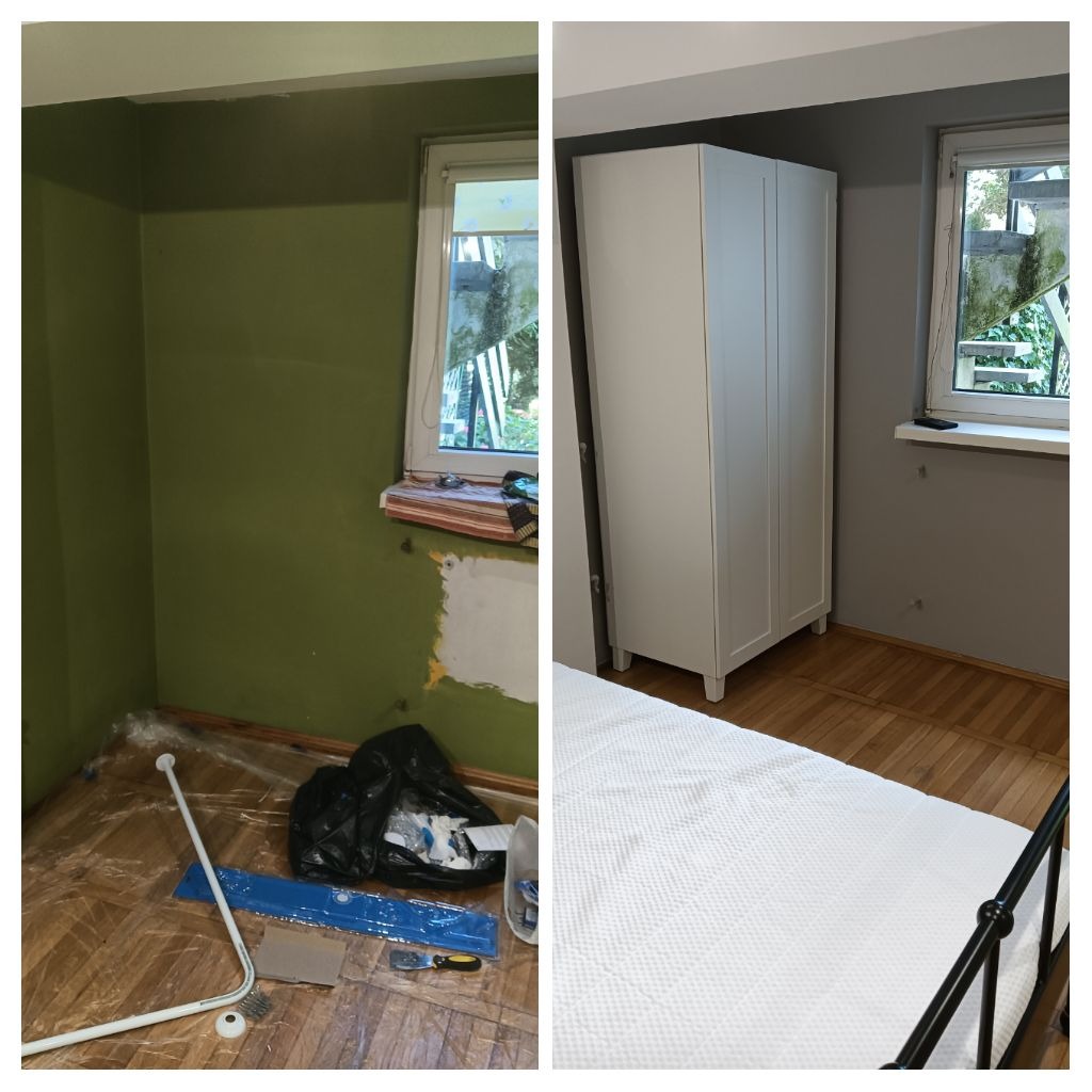 Porównanie pokoju przed i po odświeżeniu: zielona ściana przed malowaniem i szara ściana po malowaniu, z zamontowaną białą szafą.