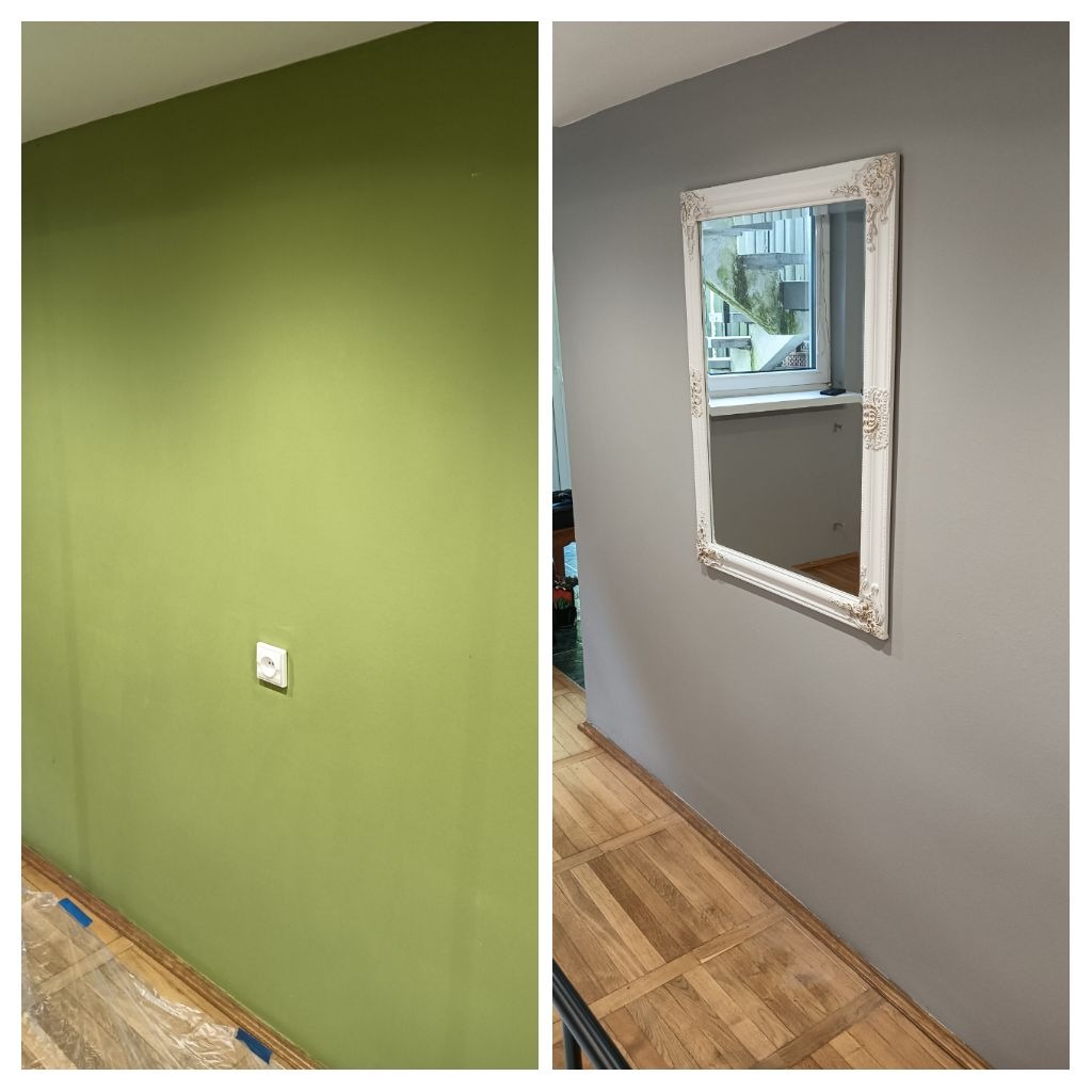 Porównanie ściany przed i po malowaniu: odcień zieleni na ścianie z gniazdkiem elektrycznym kontra szara ściana z ozdobnym lustrem w białej ramie.