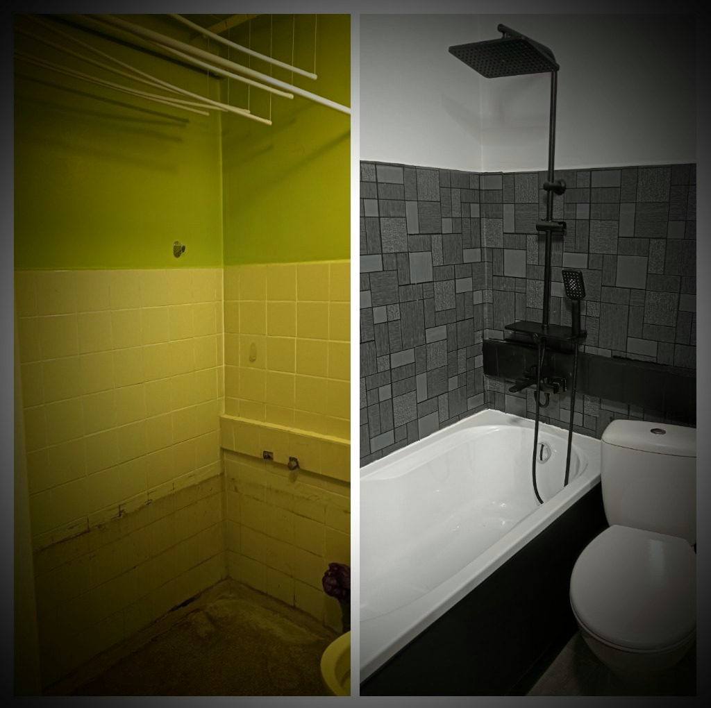 Porównanie stanu łazienki przed i po remoncie: po lewej stronie widoczne stare, żółte płytki i zielona ściana z rurami do suszenia, po prawej odnowiona łazienka z szarymi płytkami imitującymi...
