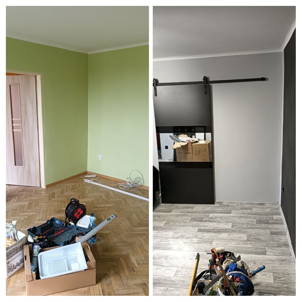 Porównanie pokoju przed i po malowaniu: ściany zielone i parkiet w jodełkę kontra szare ściany i panele imitujące drewno, widoczny proces malowania i narzędzia.
