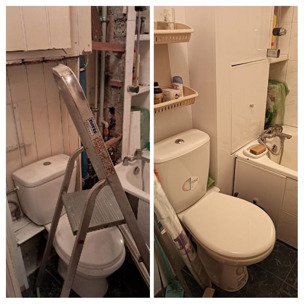 Porównanie stanu łazienki przed i po remoncie: widok na toaletę, drabina Krause oparta o ścianę, odsłonięte rury i goła ściana w części przed remontem, odnowiona toaleta z nowymi akcesoriami...