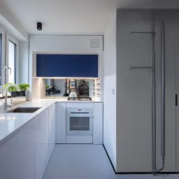 Nowoczesna kuchnia w bieli z elementami granatu, minimalistyczny design, widoczne rośliny w doniczkach przy oknie i metalowe rury na ścianie.