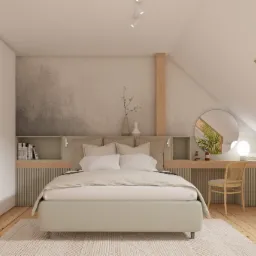 Jasna sypialnia na poddaszu z ł&oacute;żkiem, toaletką z okrągłym lustrem i drewnianym krzesłem, minimalistyczny wystr&oacute;j, neutralna kolorystyka, drewniana podłoga, dywan z geometrycznym wzorem.