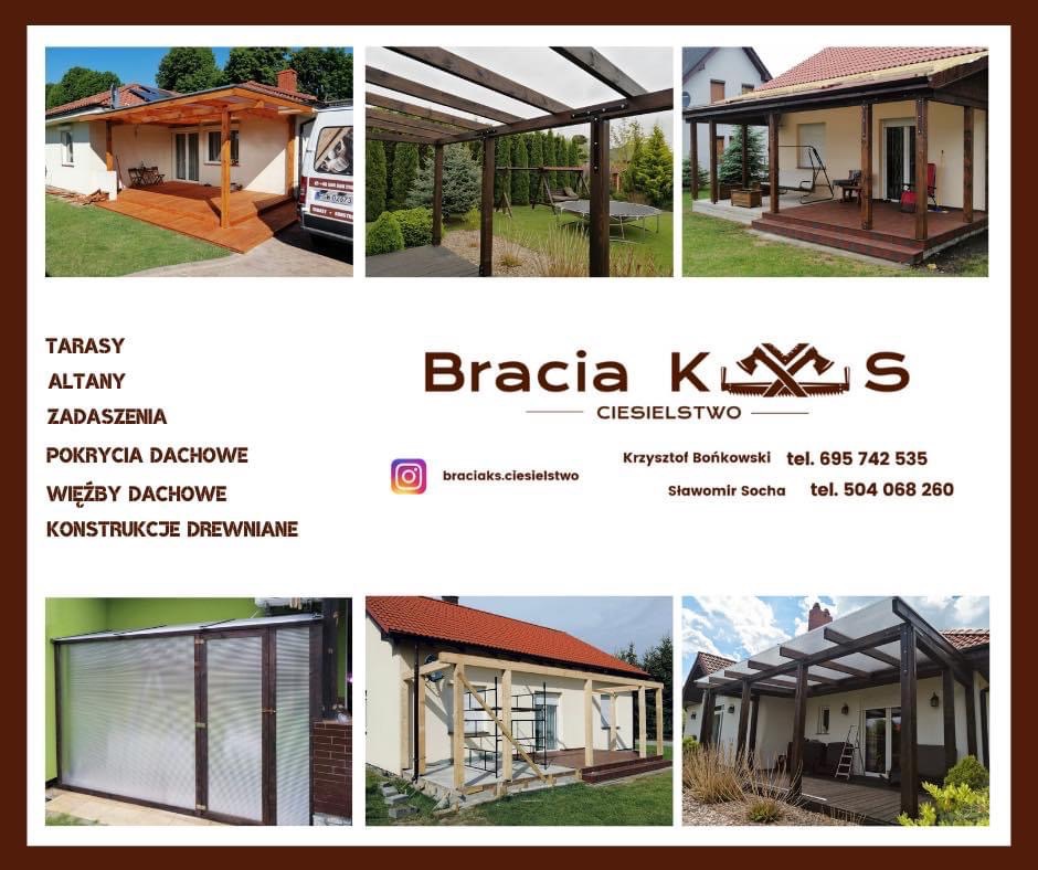 Kompozycja zdjęć prezentująca realizacje firmy ciesielskiej: zadaszony taras z drewnianą podłogą, pergola ogrodowa, konstrukcja dachu w trakcie budowy, oraz logo firmy z numerami telefonów...