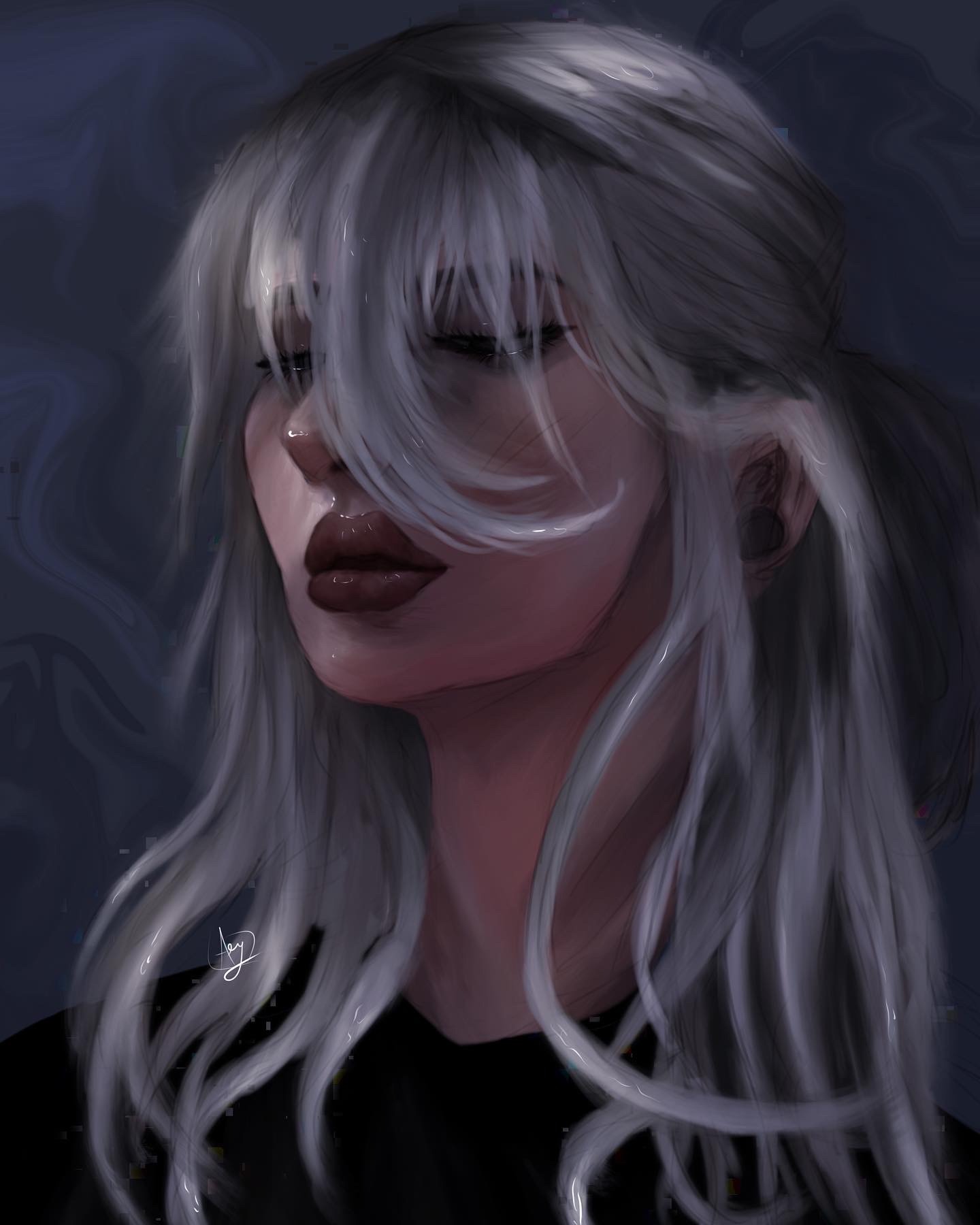 Cyfrowy portret kobiety z długimi, srebrnymi włosami, częściowo zasłaniającymi oczy, z błyszczącymi ustami i subtelnym oświetleniem.