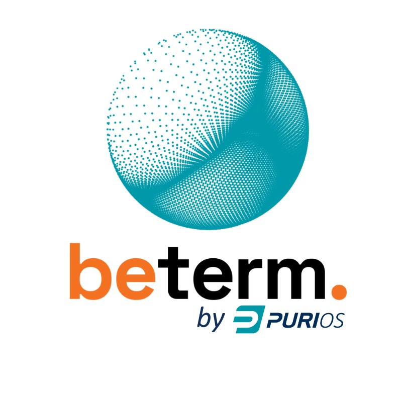 Logo firmy Beterm by Purios z turkusową kulą z kropek i pomarańczowo-czarnym napisem. Marka związana z ocieplaniem pianką PUR.