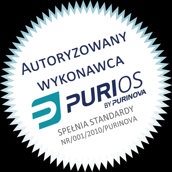 Certyfikat autoryzacji wykonawcy Purios by Purinova we Wrocławiu. Firma spełnia standardy NR/001/2010/PURINOVA. Grafika w kształcie rozety.