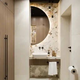 Elegancka łazienka z okrągłym lustrem podświetlonym od tyłu, białą umywalką nablatową i marmurowym wykończeniem ściany, wisząca lampa z przezroczystym kloszem, minimalistyczne baterie w kolorze...