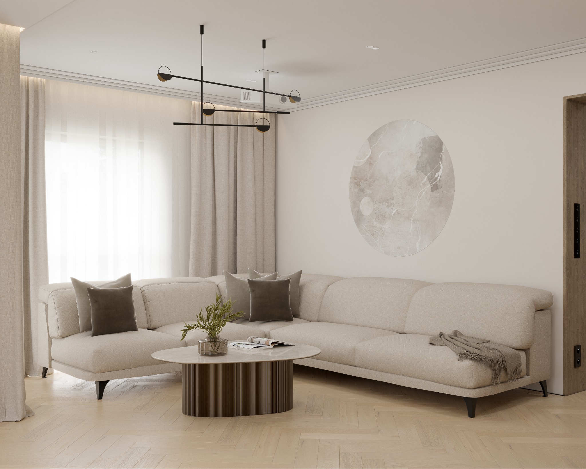 Jasny salon z narożną sofą, okrągłym stolikiem kawowym z rośliną i abstrakcyjnym obrazem na ścianie, oświetlony nowoczesną lampą wiszącą.