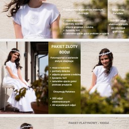 Aleksandra Podlaska Fotografia - Oferta fotografa na komunię: pakiety srebrny, złoty i platynowy. Dziewczynka w białej sukience i wianku, portrety i zdjęcia grupowe w kościele oraz przyjęciu.