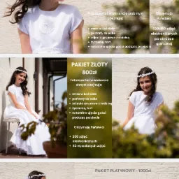 Oferta fotografa na komunię: pakiety srebrny, złoty i platynowy. Dziewczynka w białej sukience i wianku, portrety i zdjęcia grupowe w kościele oraz przyjęciu.