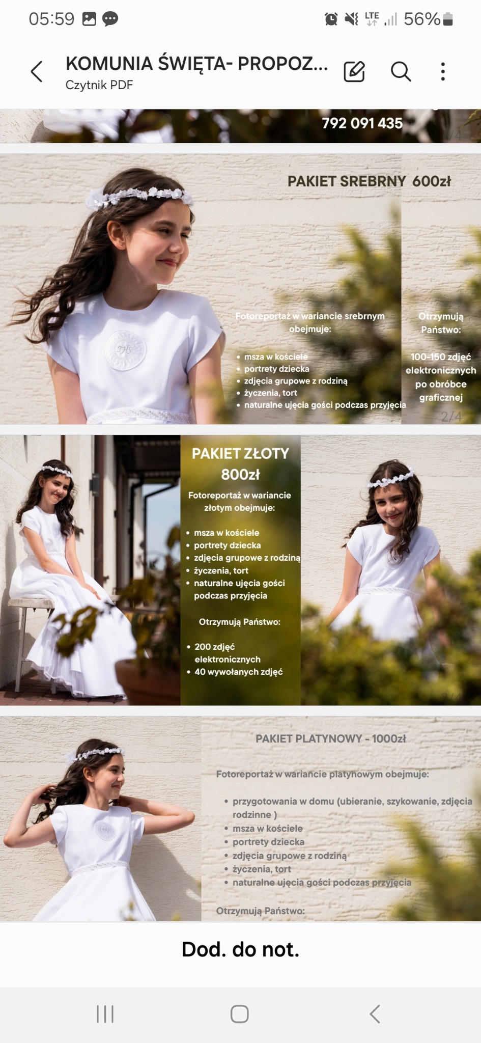 Oferta fotografa na komunię: pakiety srebrny, złoty i platynowy. Dziewczynka w białej sukience i wianku, portrety i zdjęcia grupowe w kościele oraz przyjęciu.