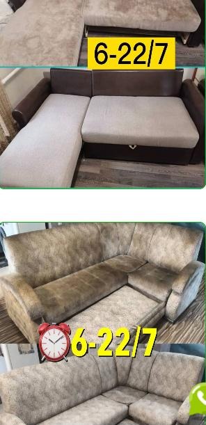 Dwa ujęcia narożników tapicerowanych: górne z widocznymi plamami na jasnej tapicerce i wysuwanym schowkiem, dolne po czyszczeniu, z poprawioną kolorystyką i widoczną fakturą materiału. Na obu...