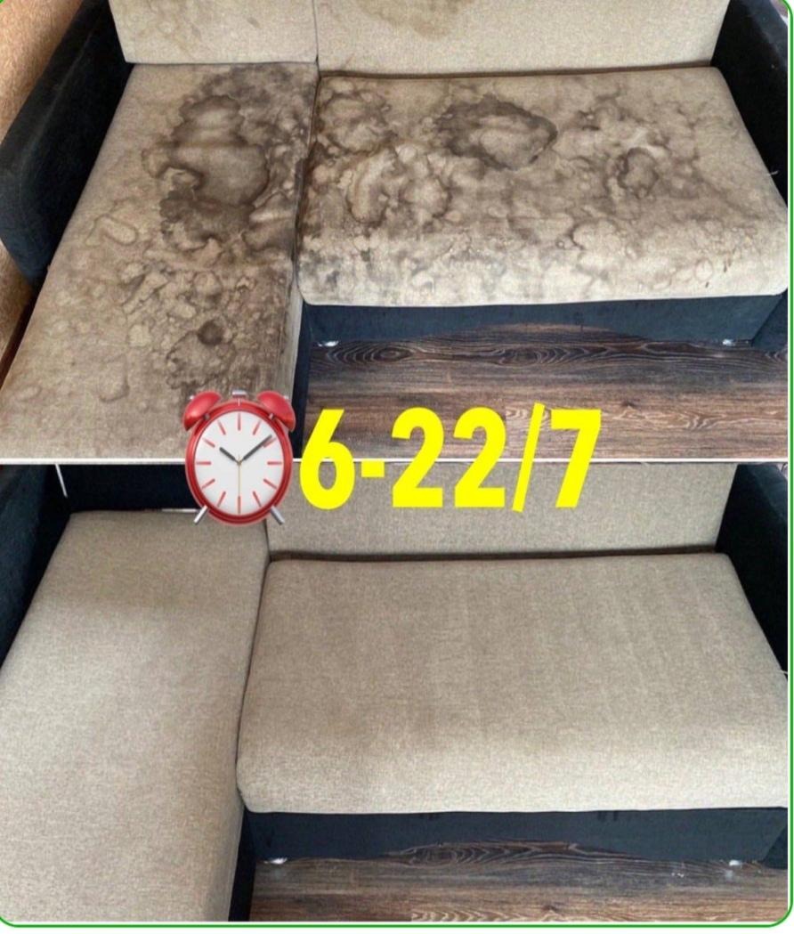 Porównanie sofy przed i po czyszczeniu: widoczne plamy na tapicerce przed zabiegiem, a następnie odświeżona, jasna powierzchnia po usunięciu zabrudzeń. Na zdjęciu dodatkowo widoczny cyfrowy zegar...