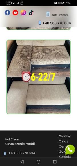 Zdjęcie kanapy narożnej z widoczną różnicą przed i po czyszczeniu tapicerki, z zaznaczoną godziną pracy firmy.