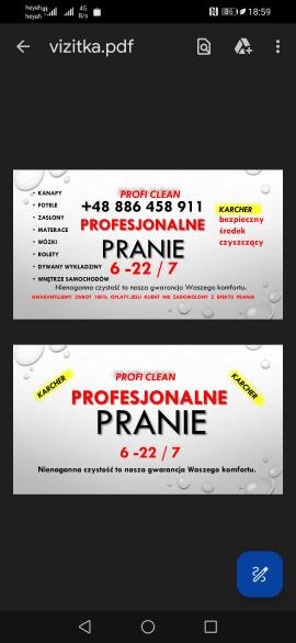 Ulotka reklamowa firmy 'Profi Clean' oferującej profesjonalne pranie kanap, foteli, zasłon, materacy, wózków, rolet, dywanów i wnętrz samochodów, z użyciem środków Karcher, dostępnej 6-22/7.