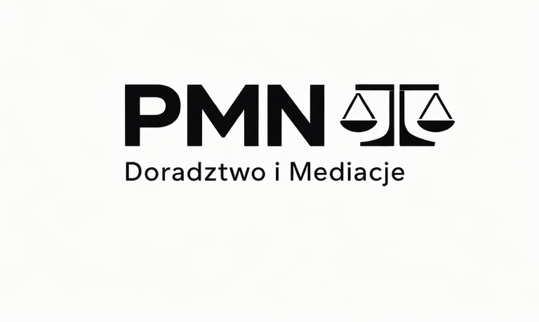 Logo PMN Doradztwo i Mediacje z symbolem wagi, w czerni na białym tle. Firma z Marki oferuje doradztwo i mediacje.