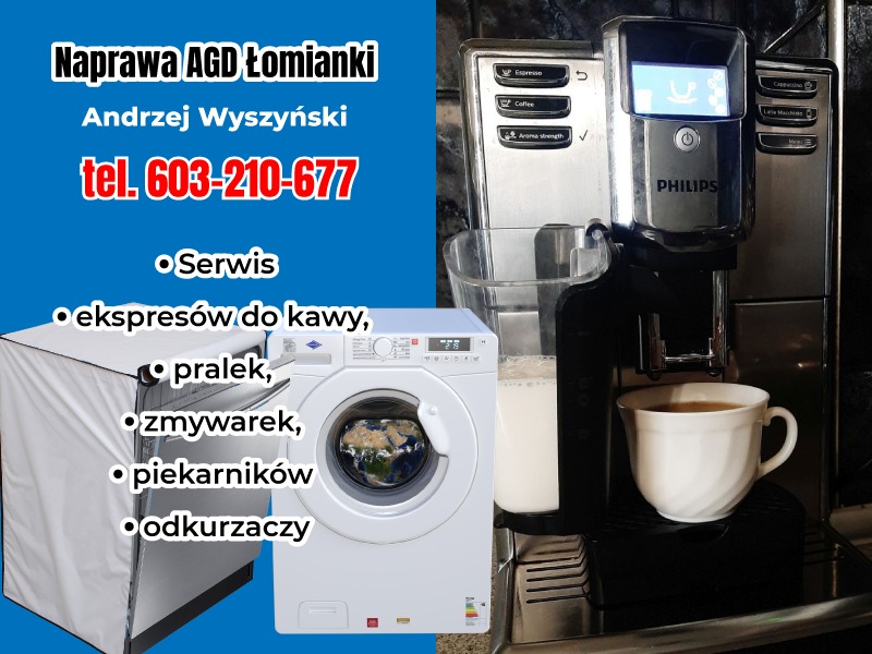 Kompozycja reklamowa serwisu AGD: ekspres do kawy Philips z filiżanką kawy, pralka z widokiem Ziemi w bębnie, oraz fragment reklamy z numerem telefonu i zakresem usług.