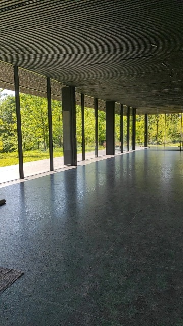 Wnętrze przestronnego pomieszczenia z betonową podłogą po umyciu, widoczne refleksy światła i resztki wody, duże okna z widokiem na zieleń drzew, w rogu leży szara ścierka.