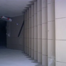 Wnętrze z wykończonymi ścianami z beżowych, strukturalnych płytek. Widoczny worek z materiałem budowlanym i poziomica. Praca w toku.