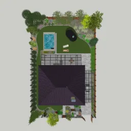 Widok z góry na projekt zagospodarowania przestrzennego ogrodu z domem, basenem, trampoliną, tarasem i roślinnością.