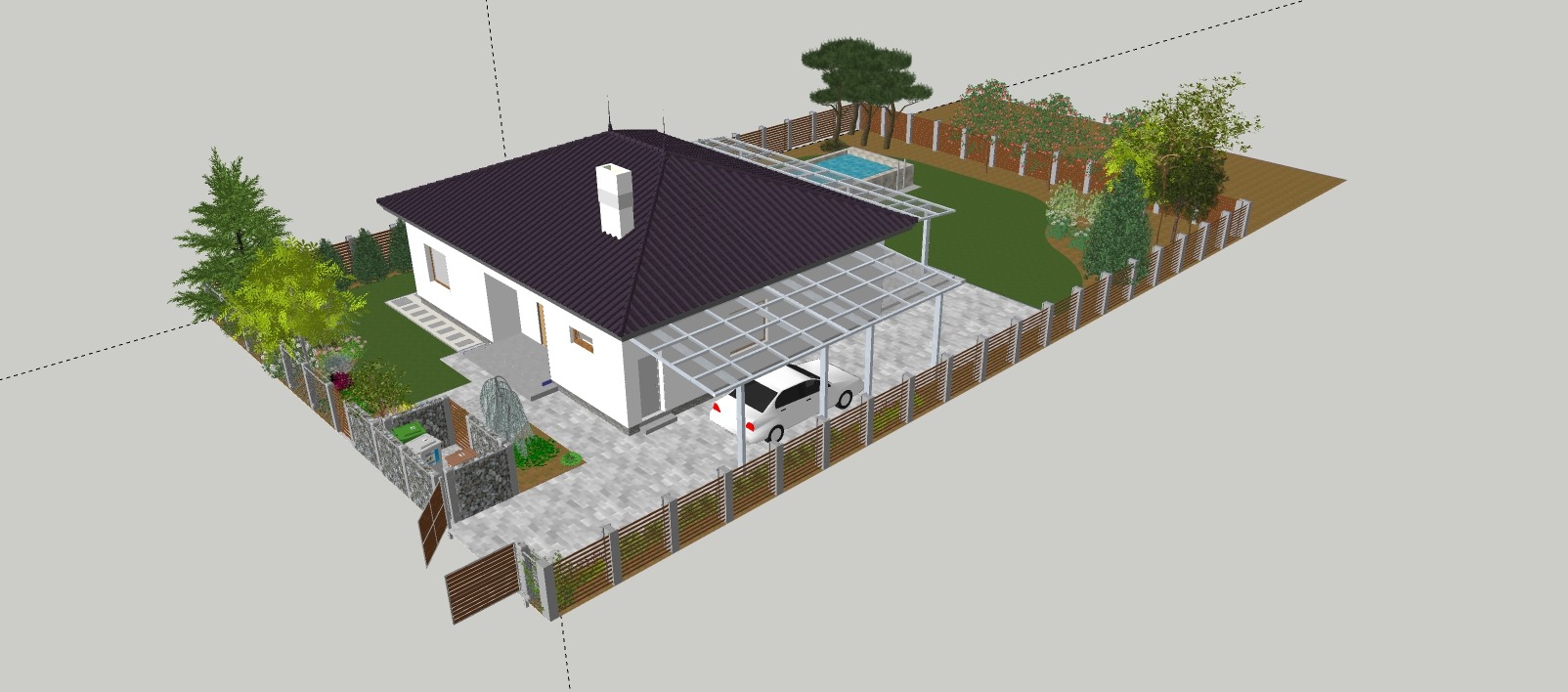 Wizualizacja 3D projektu zagospodarowania przestrzeni wokół domu jednorodzinnego z basenem, wiatą samochodową i elementami zieleni.